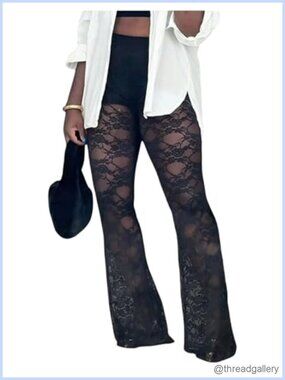 Women's Plus Size Lace Flare Pants High Waisted Mesh Sheer Bootcut Party